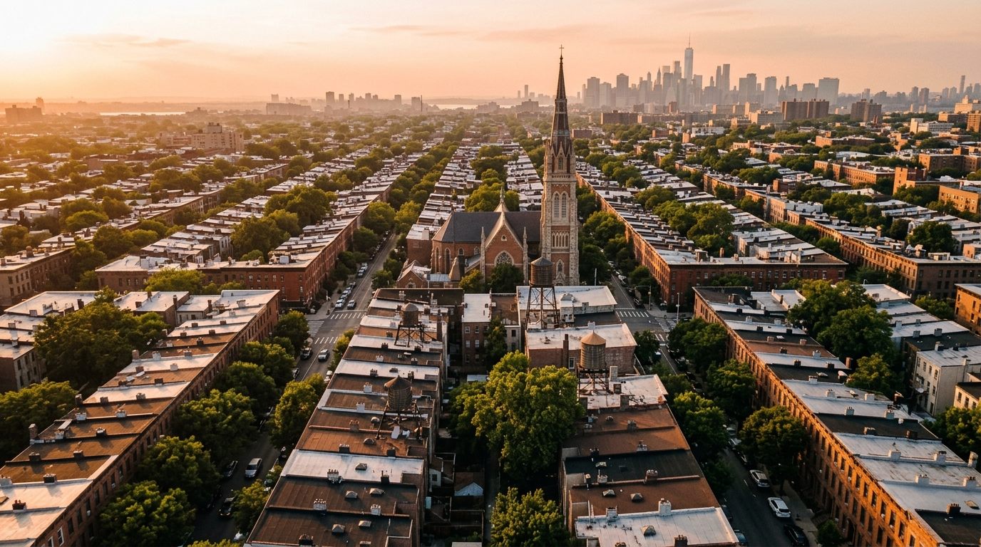 Artist rendering of Bed-Stuy rooftops and a church steeple with Manhattan faint on the horizon.