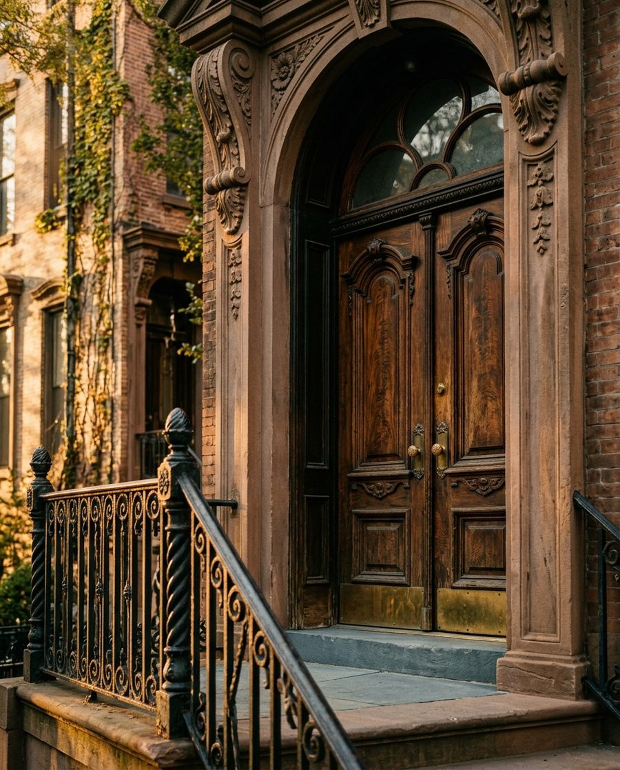 Rendered brownstone entry with carved sandstone, double wood doors and an arched transom.
