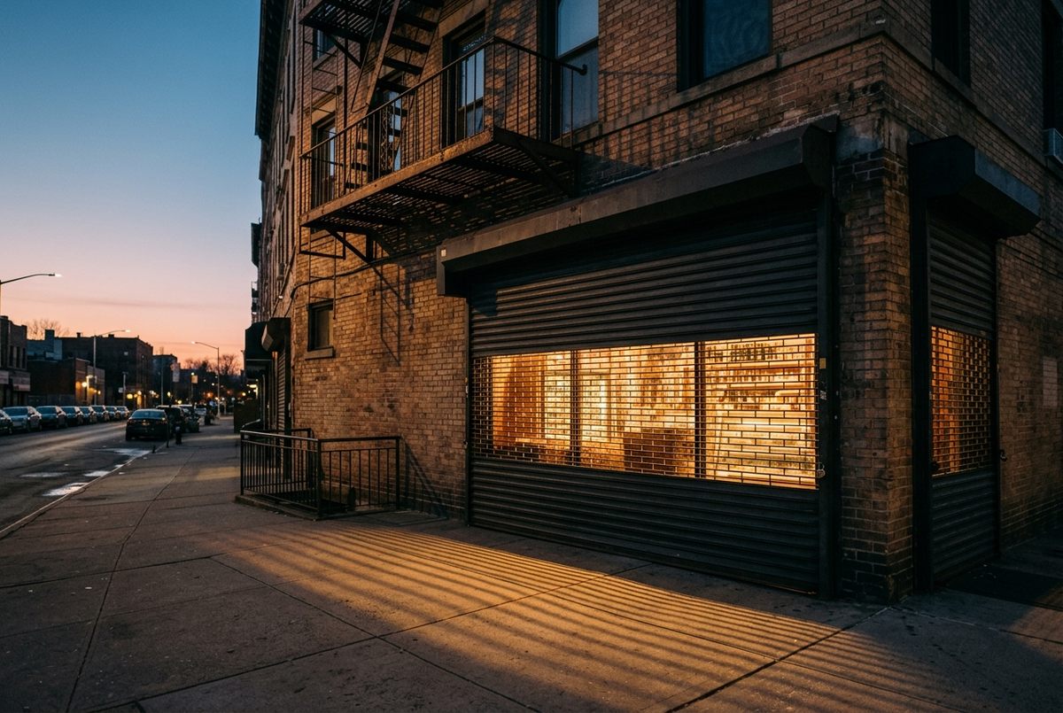 Rendered Nostrand Avenue-style storefront with a half-raised roll gate and a glowing interior.