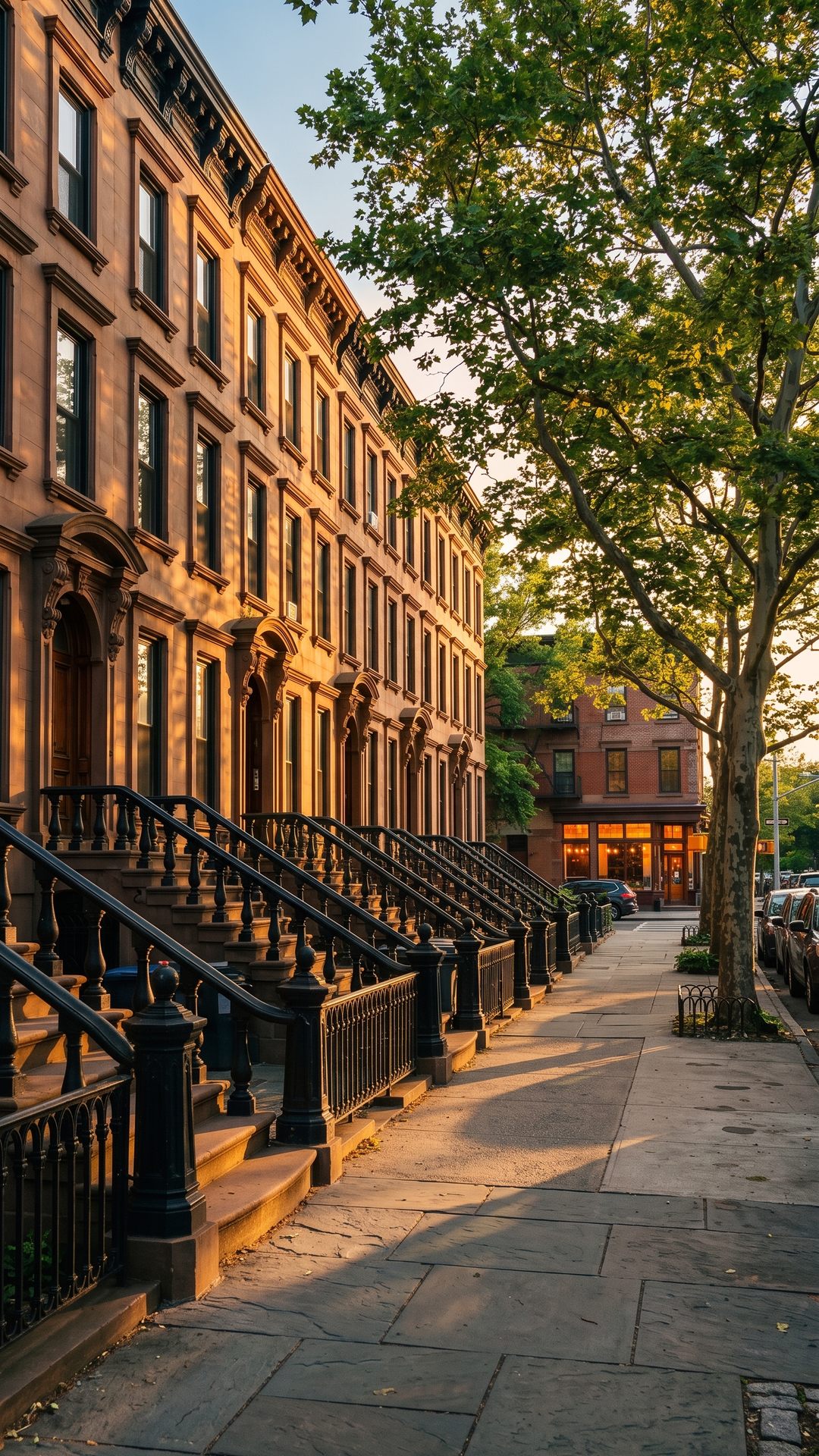 Artist rendering of a Bed-Stuy brownstone block with high stoops, iron railings and plane trees in golden light.