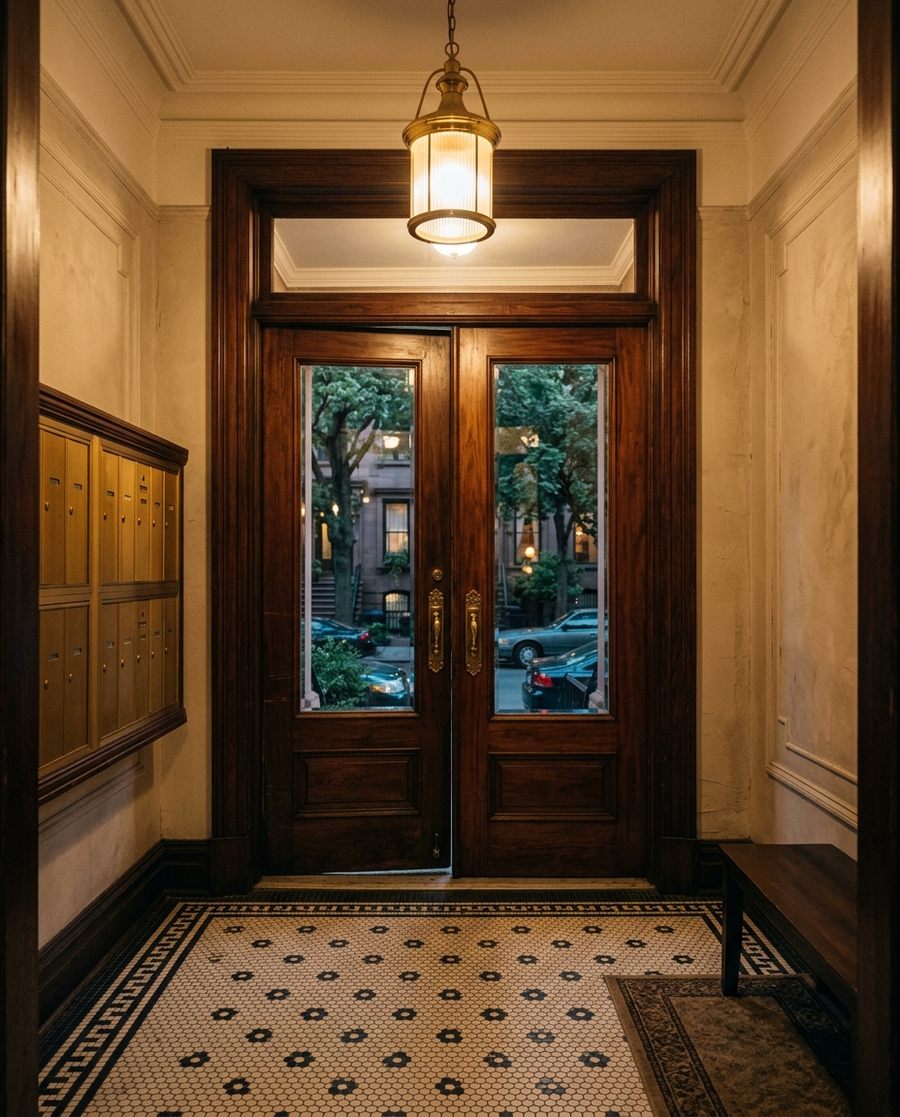 Rendered pre-war vestibule with wood and glass doors, brass mailboxes and hex tile.